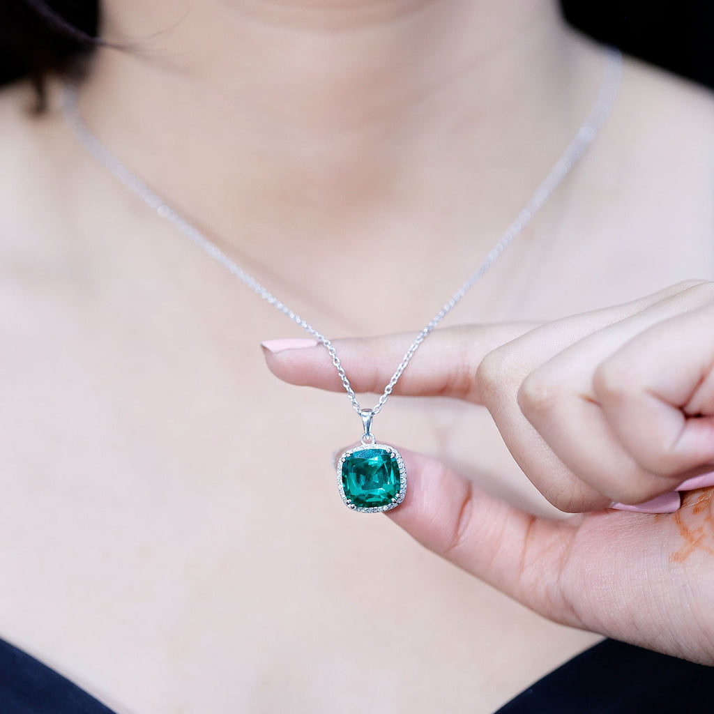 9 Carat Cushion Cut Lab Created Emerald and Diamond Cocktail Necklace