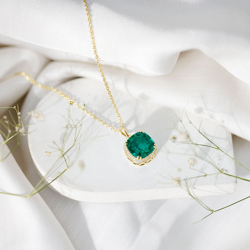 9 Carat Cushion Cut Lab Created Emerald and Diamond Cocktail Necklace