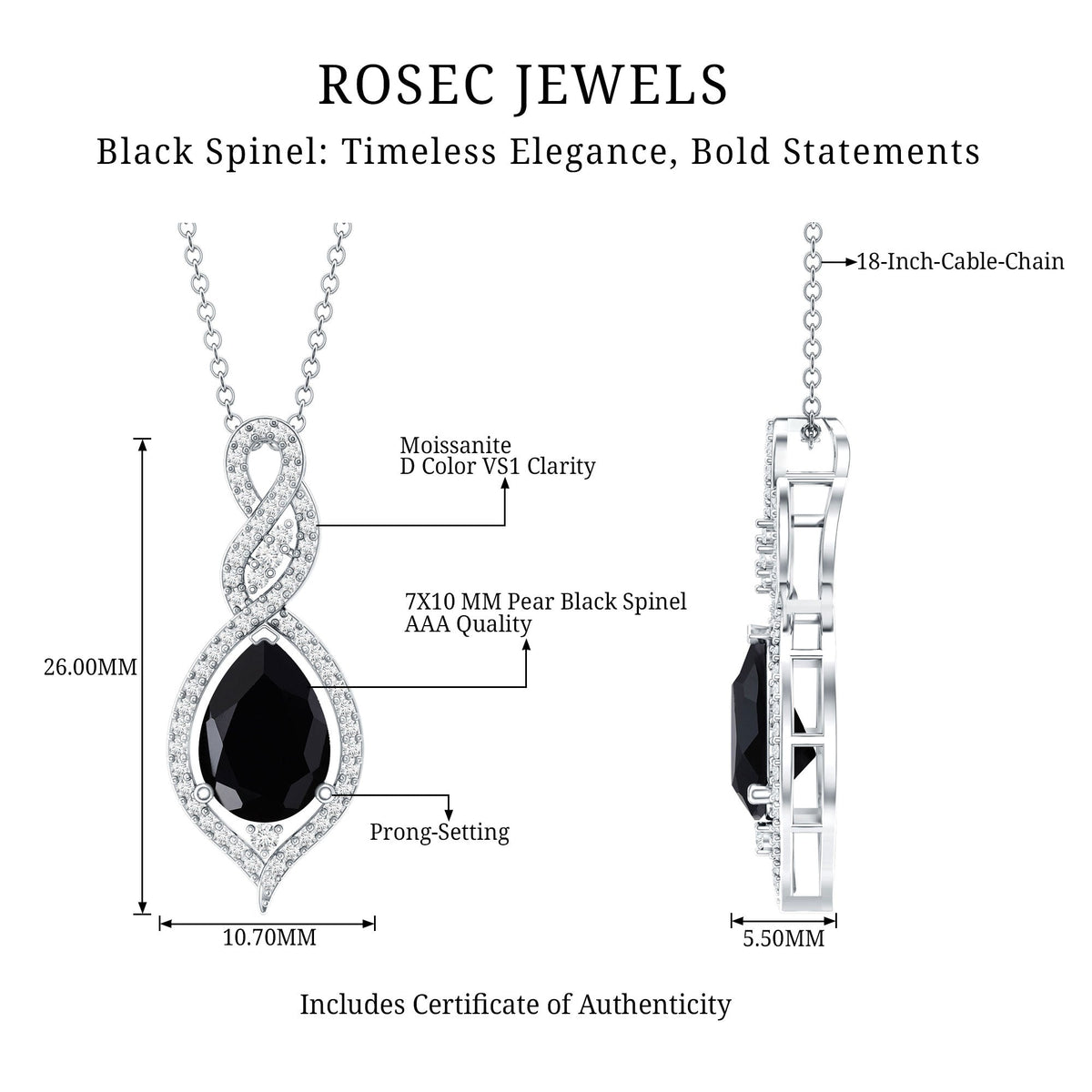 1.75 Carat Pear Shape Black Spinel Statement Necklace with Moissanites
