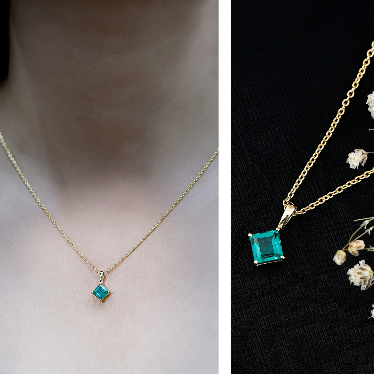 Princess Cut Lab Grown Emerald Solitaire Pendant Necklace with Chain