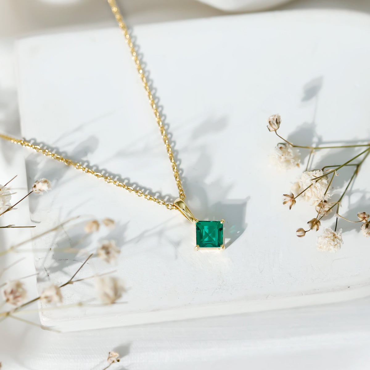 Princess Cut Lab Grown Emerald Solitaire Pendant Necklace with Chain