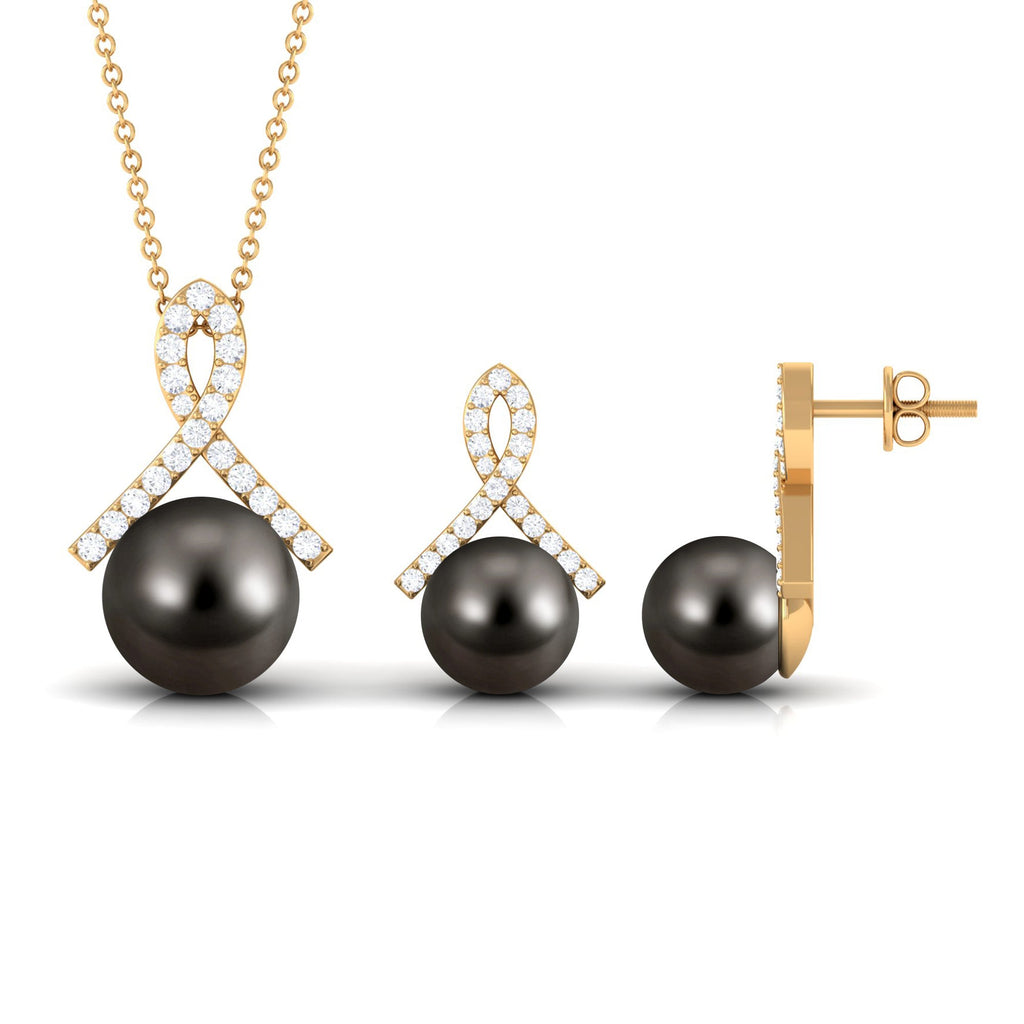 Black Tahitian Pearl Necklace and Earrings Set with Lab Grown Diamond