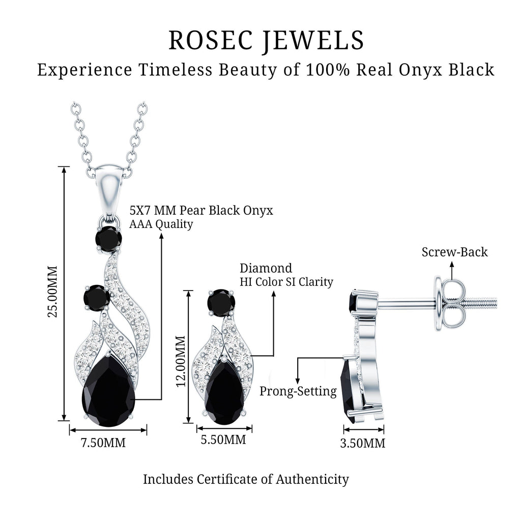 Natural Black Onyx Drop Pendant and Earrings Set with Diamond