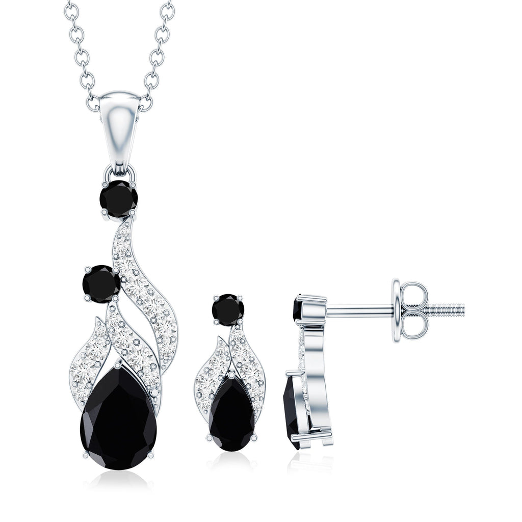 Natural Black Onyx Drop Pendant and Earrings Set with Diamond