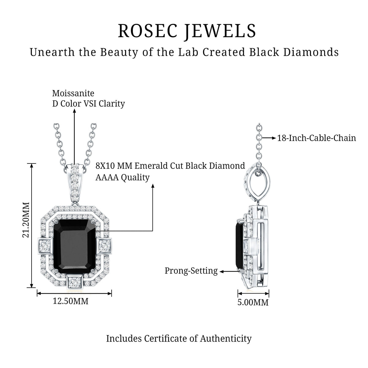 Vintage Inspired 3.4 Carat Emerald Cut Synthetic Black Diamond Pendant Necklace
