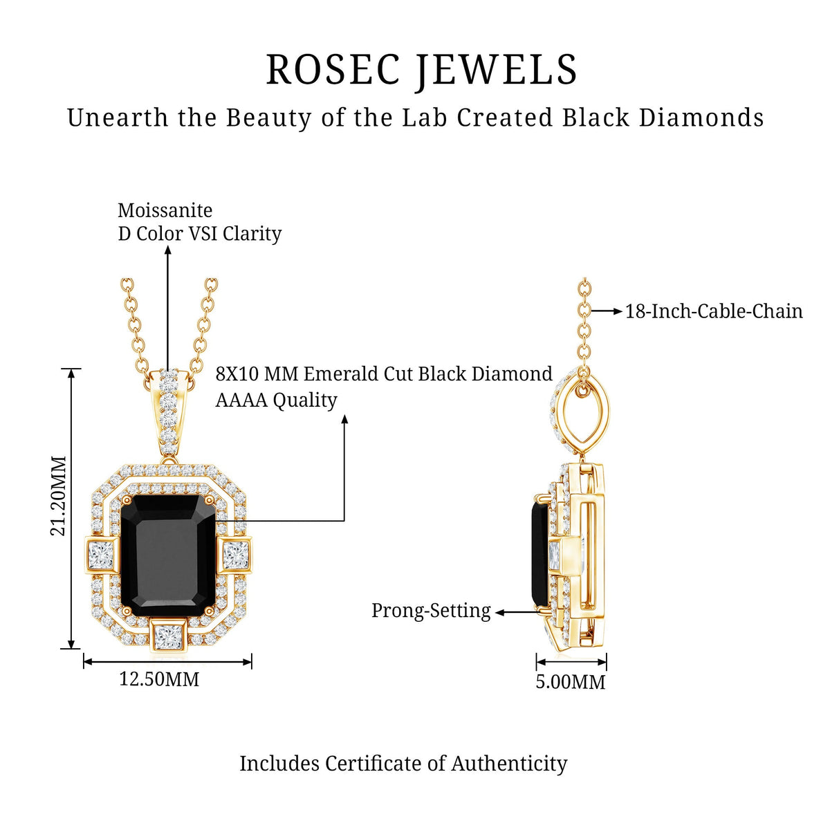 Vintage Inspired 3.4 Carat Emerald Cut Synthetic Black Diamond Pendant Necklace