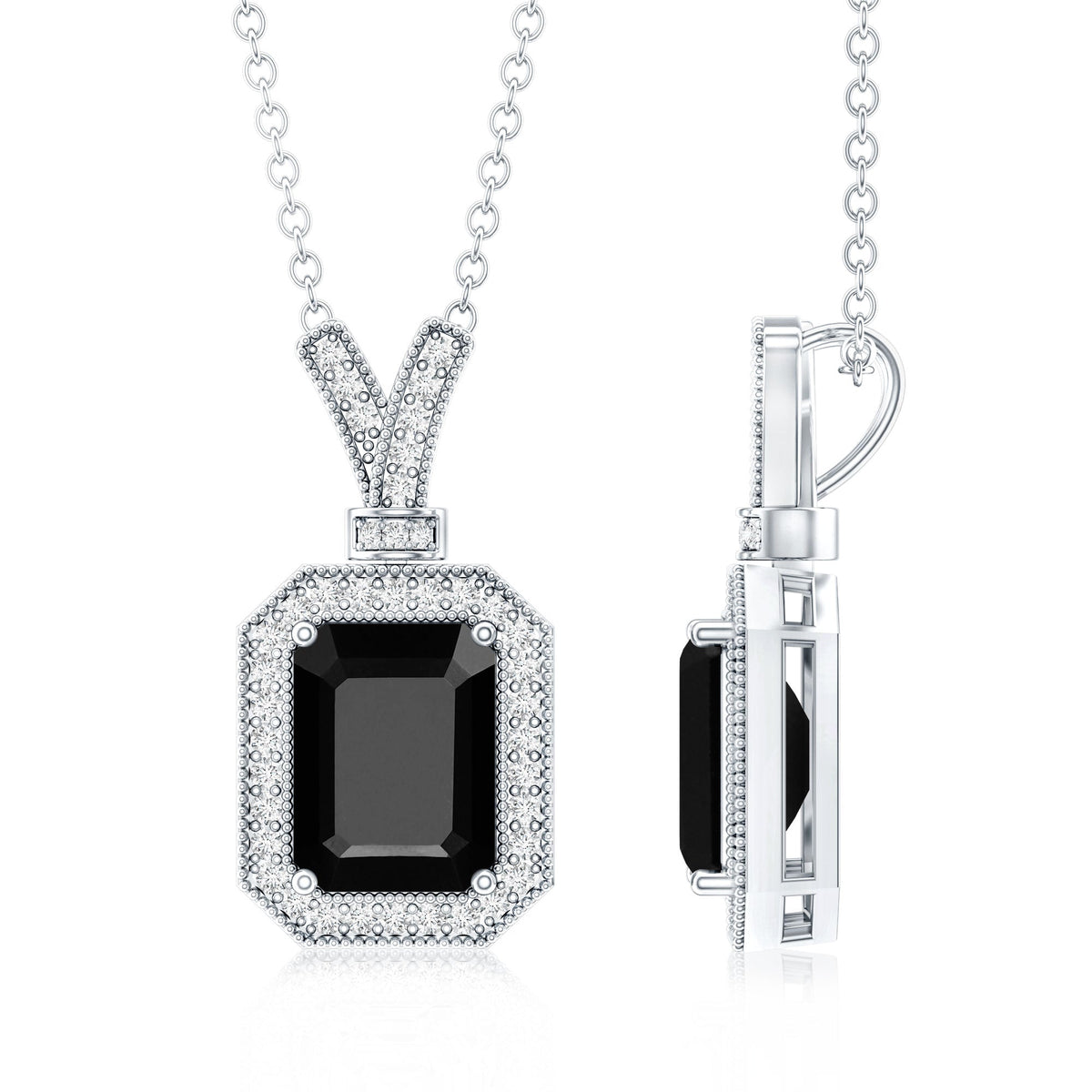 1.68 Carat Emerald Cut Lab Grown Black and White Diamond Vintage Necklace