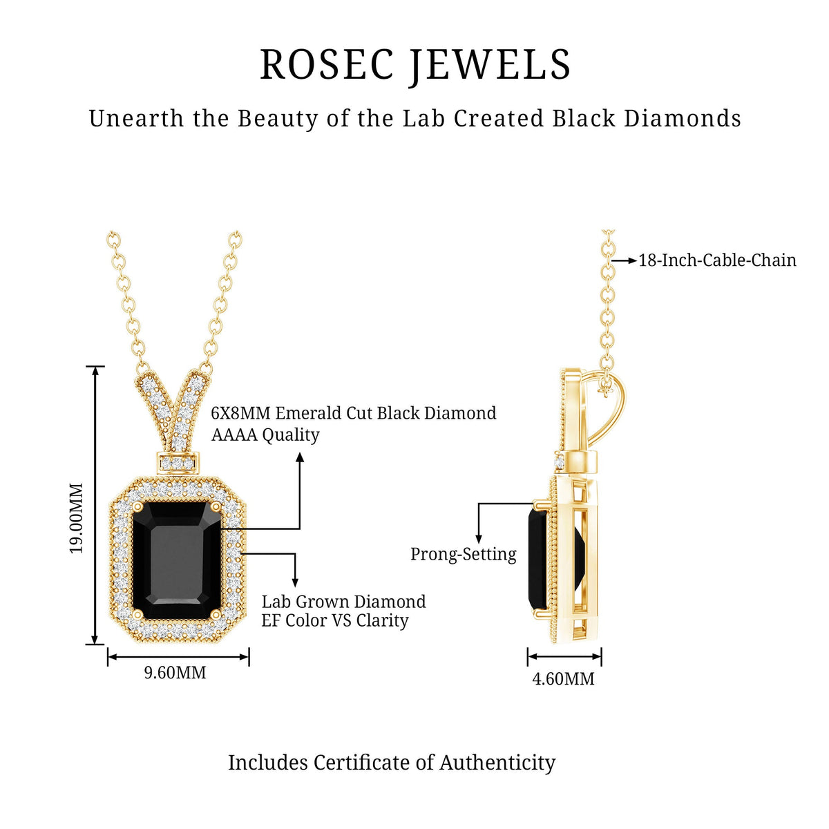 1.68 Carat Emerald Cut Lab Grown Black and White Diamond Vintage Necklace