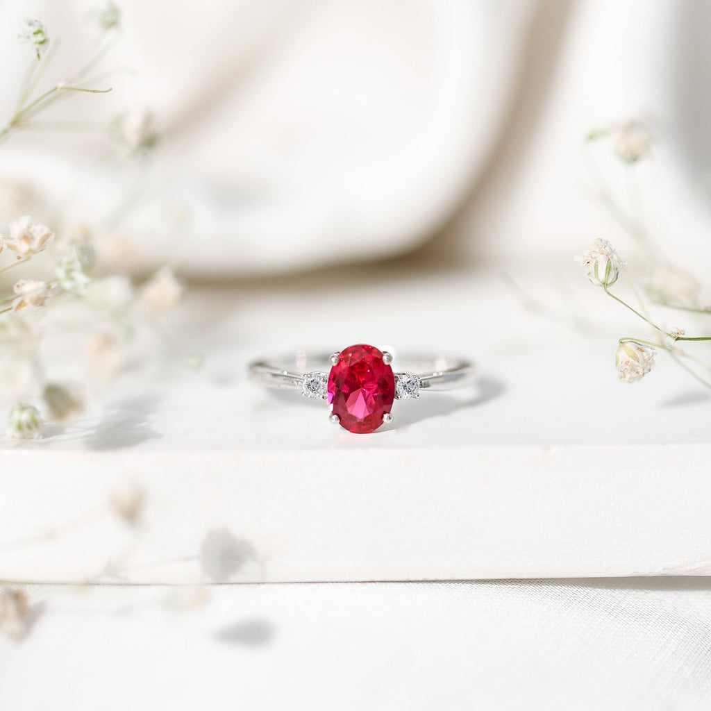 Classic Lab Grown Ruby Oval Engagement Ring With Diamond