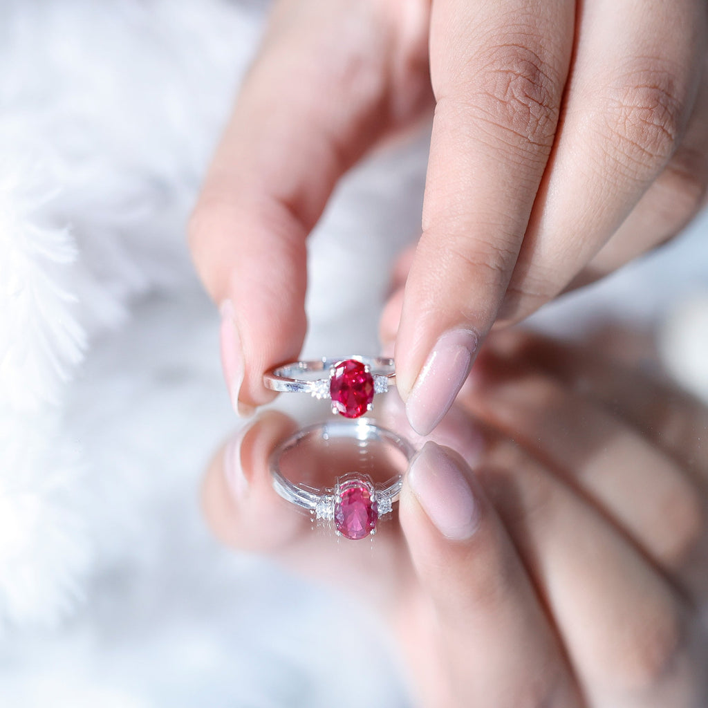 Classic Lab Grown Ruby Oval Engagement Ring With Diamond