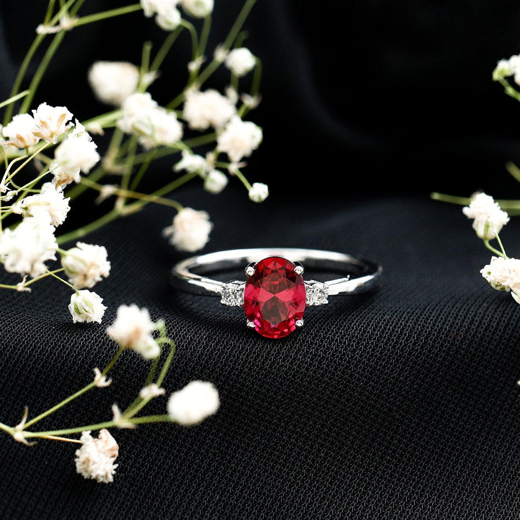 Classic Lab Grown Ruby Oval Engagement Ring With Diamond