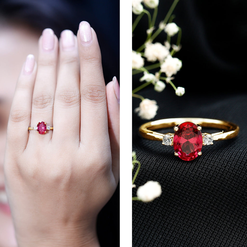 Classic Lab Grown Ruby Oval Engagement Ring With Diamond