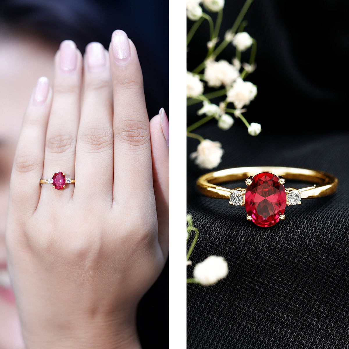 Classic Lab Grown Ruby Oval Engagement Ring With Diamond