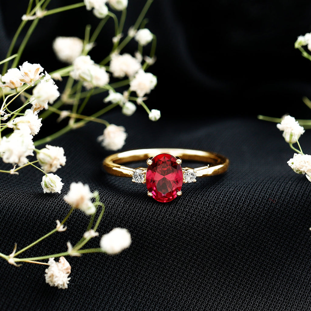 Classic Lab Grown Ruby Oval Engagement Ring With Diamond