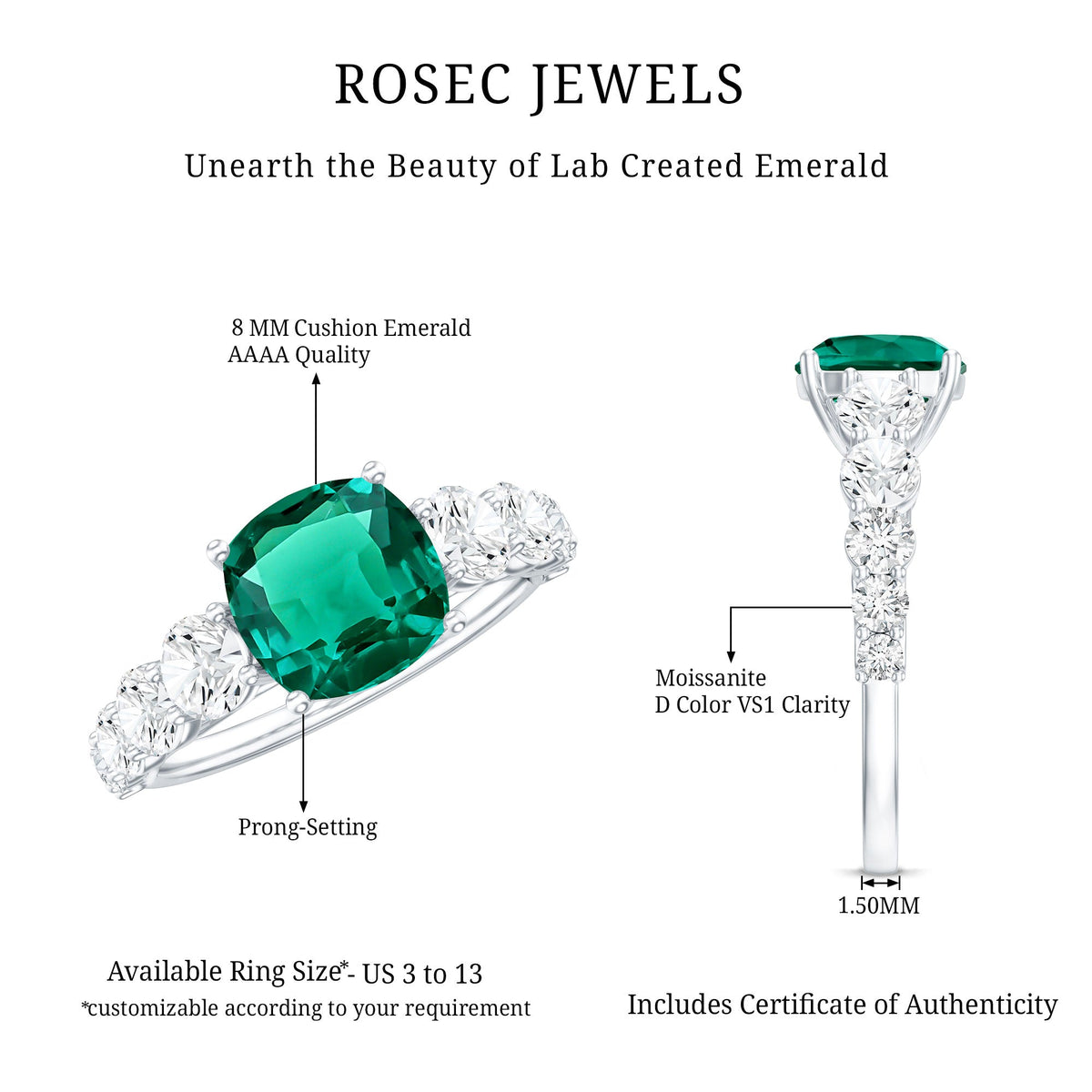 Lab Grown Emerald 2 Carat Cushion Engagement Ring with Moissanite Side Stones