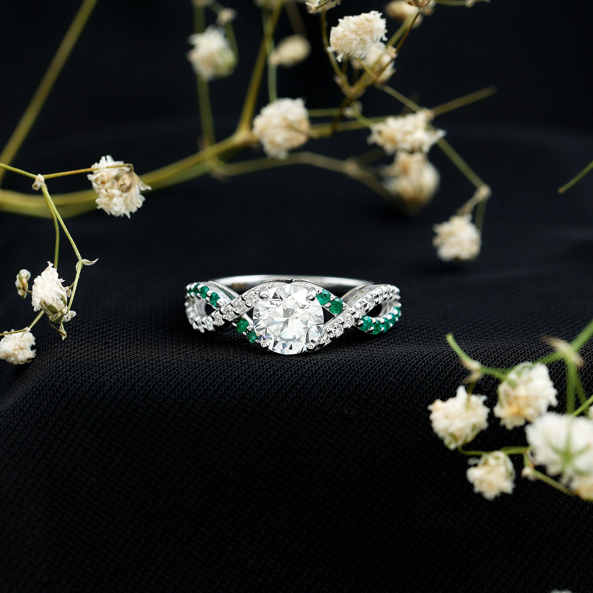 Lab Grown Diamond Crossover Engagement Ring with Emerald