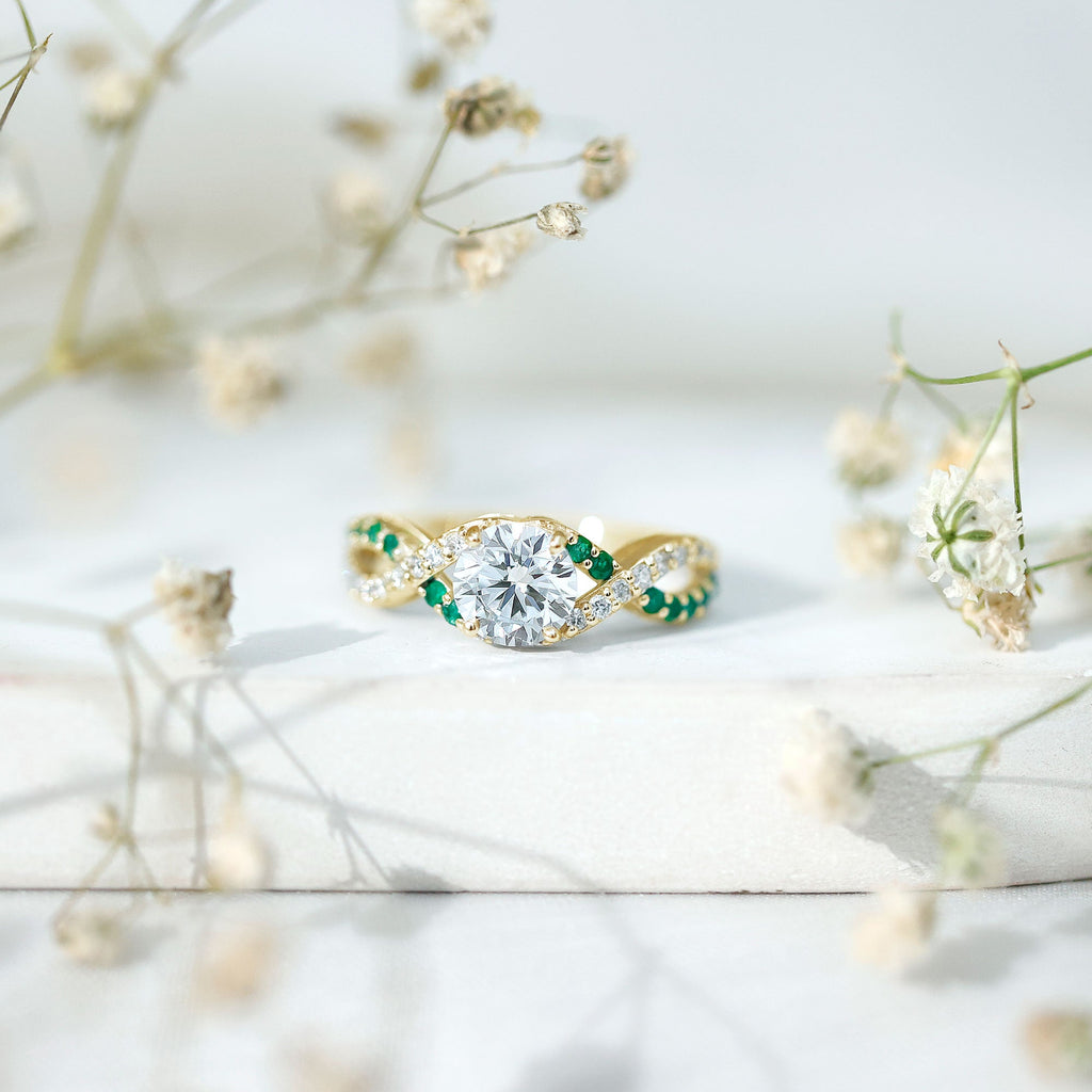 Lab Grown Diamond Crossover Engagement Ring with Emerald