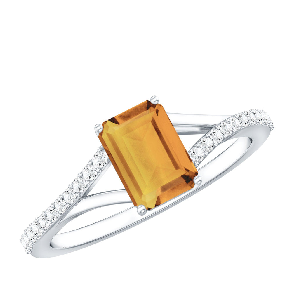 Real Citrine Emerald Cut Engagement Ring with Diamond Split Shank