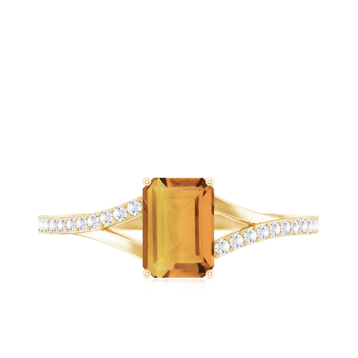 Real Citrine Emerald Cut Engagement Ring with Diamond Split Shank