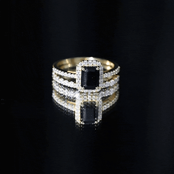 Emerald Cut Black Onyx Wedding Ring Set with Moissanite