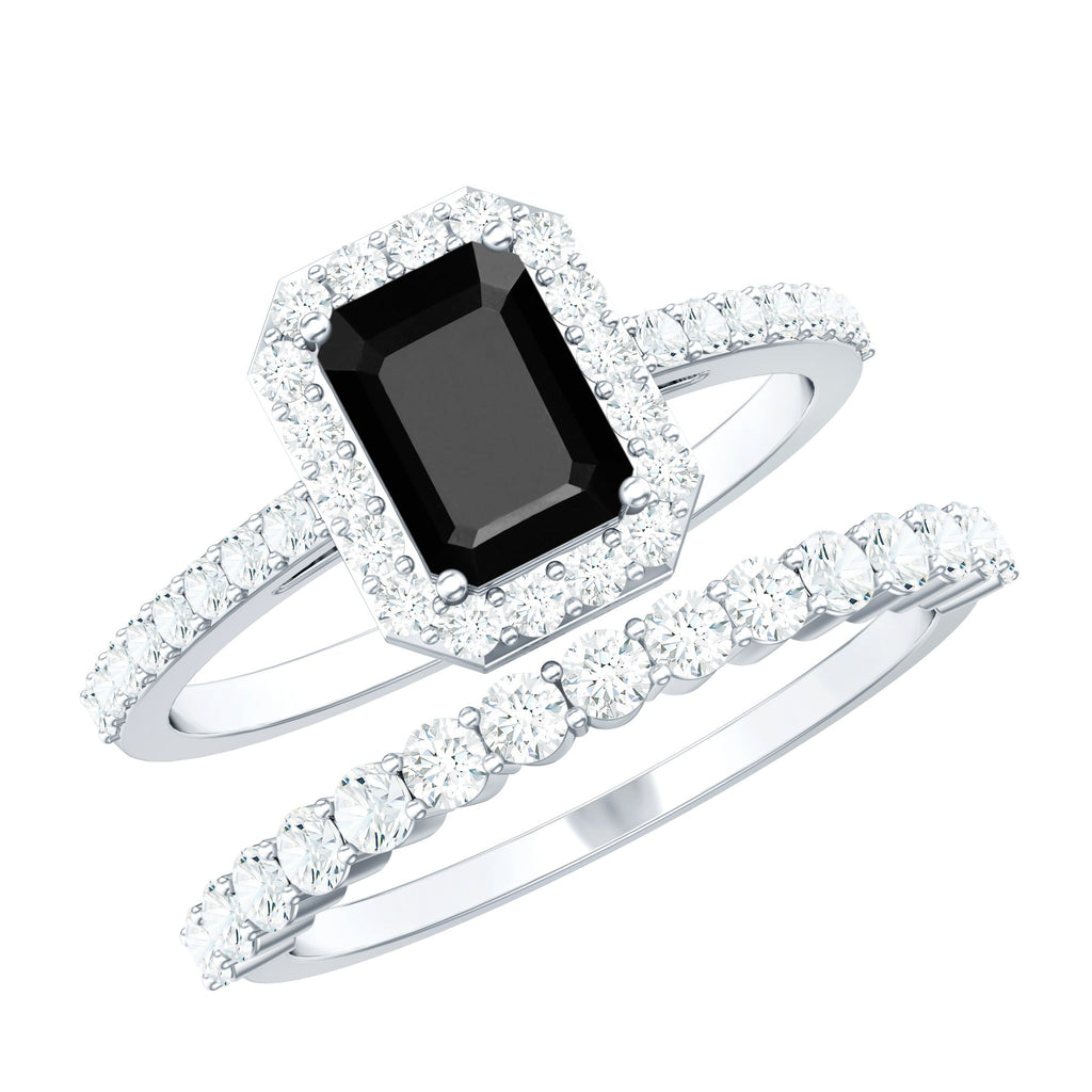Emerald Cut Black Onyx Wedding Ring Set with Moissanite