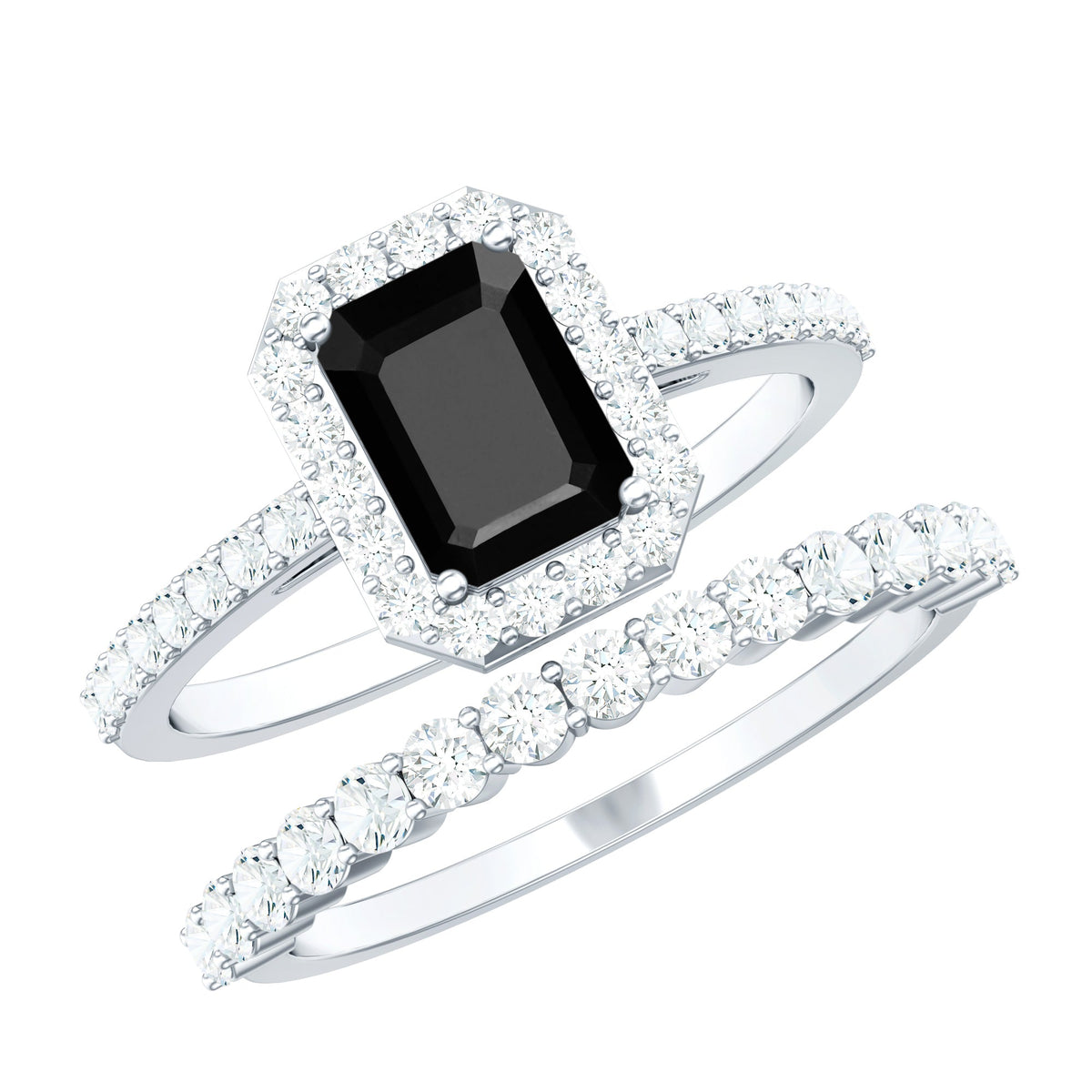 Emerald Cut Black Onyx Wedding Ring Set with Moissanite