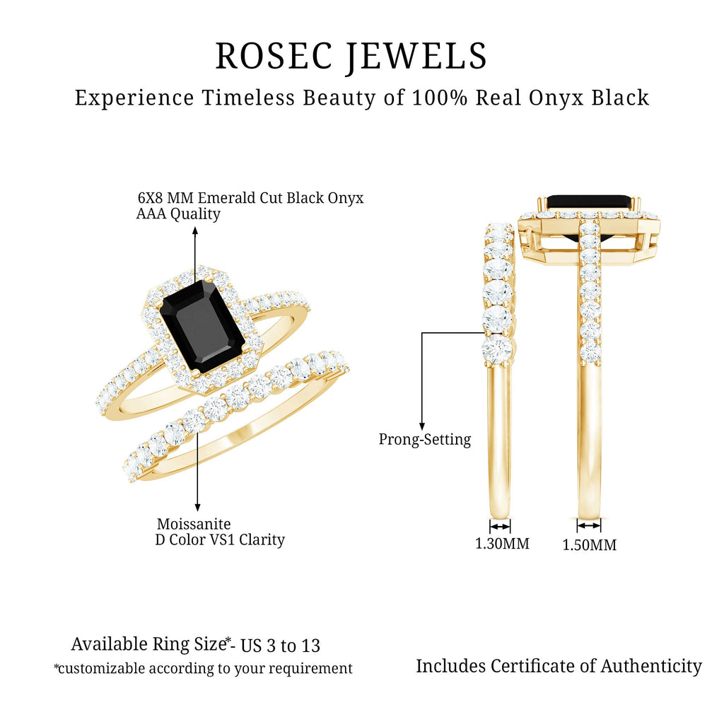 Emerald Cut Black Onyx Wedding Ring Set with Moissanite