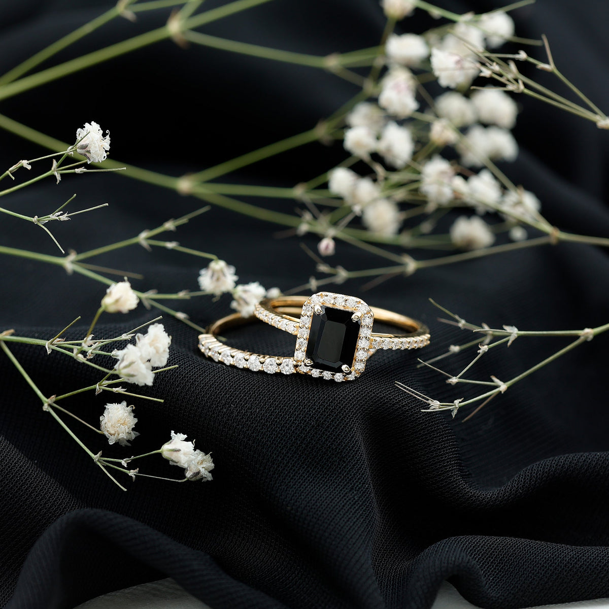 Emerald Cut Black Onyx Wedding Ring Set with Moissanite