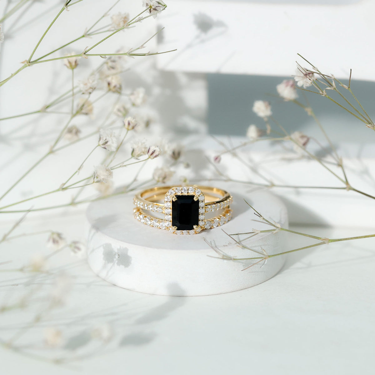 Emerald Cut Black Onyx Wedding Ring Set with Moissanite