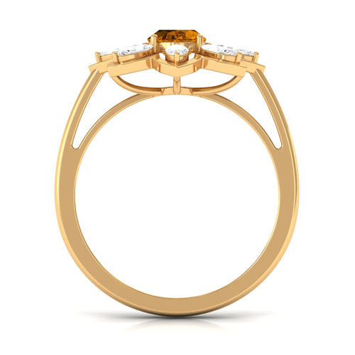 1 Carat Oval Cut Citrine Flower Engagement Ring with Diamond Stones