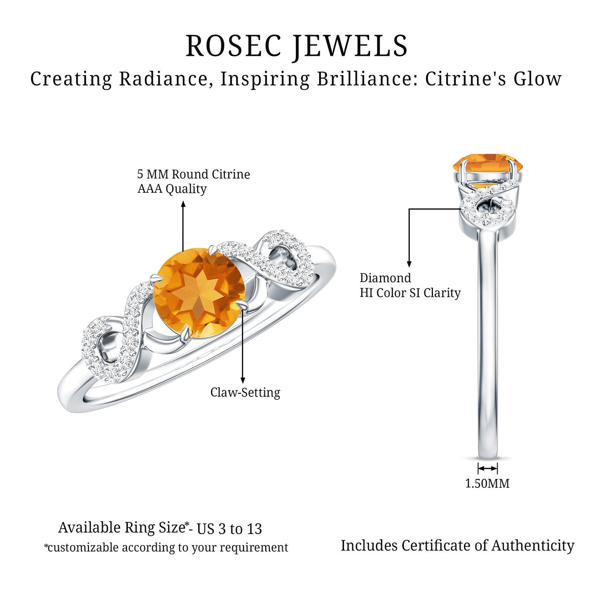 Certified Natural Citrine Infinity Promise Ring with Diamonds
