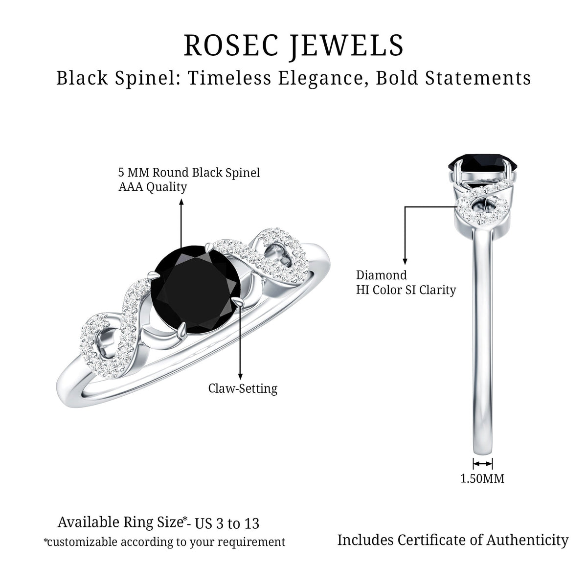 Natural Black Spinel Promise Ring with Diamond Infinity Knot