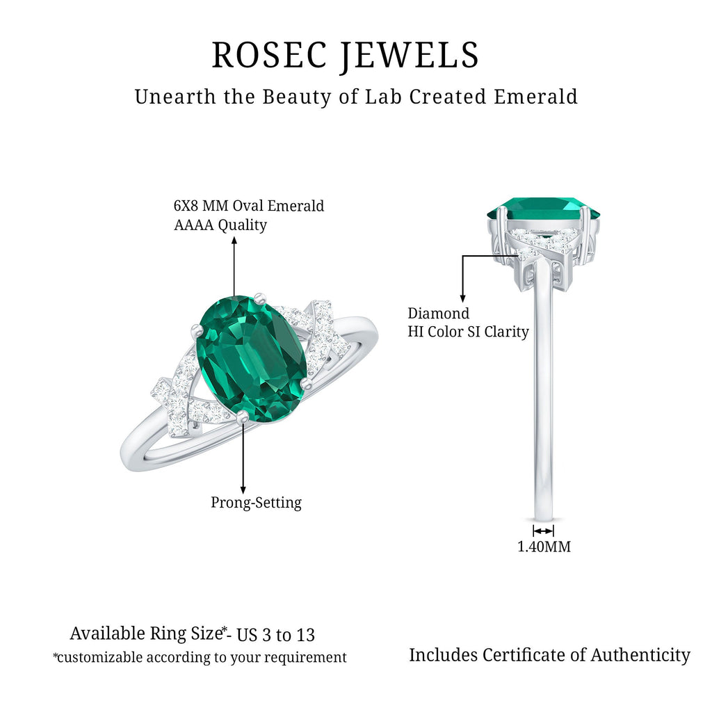 Certified 1.2 Carat Oval Lab Grown Emerald Engagement Ring with Diamond
