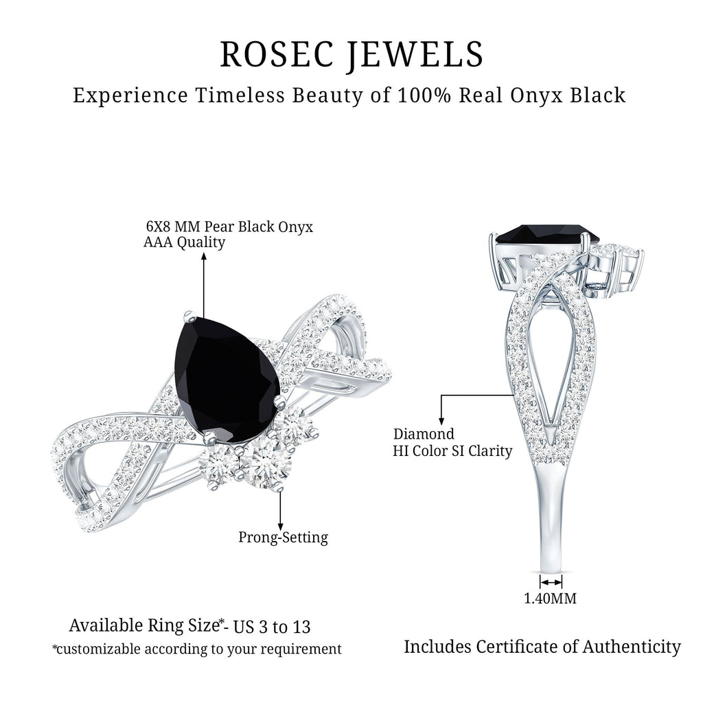 1 Carat Pear Shaped Black Onyx Designer Engagement Ring with Diamond