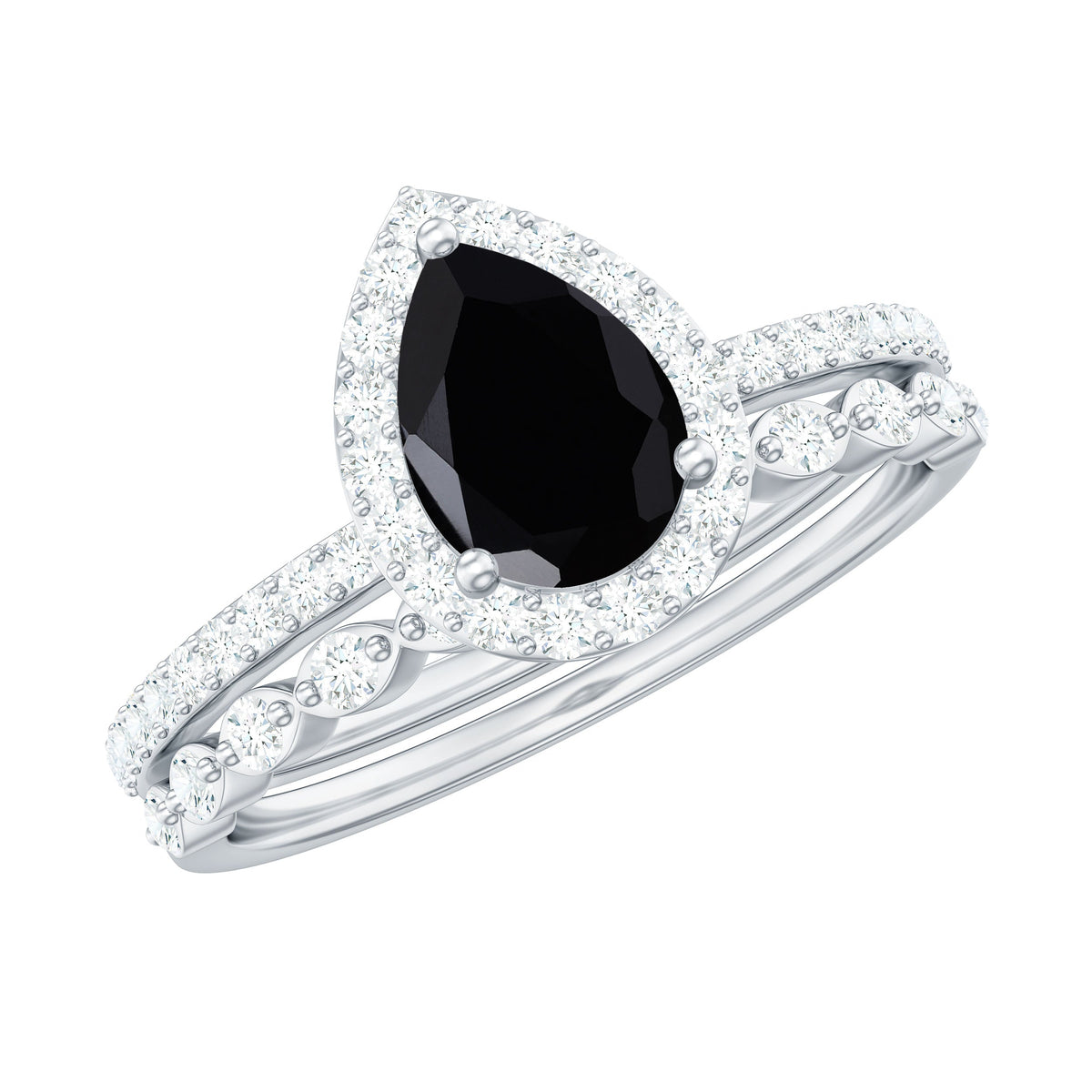 Pear Shaped Black Onyx and Diamond Halo Bridal Ring Set With Certificate