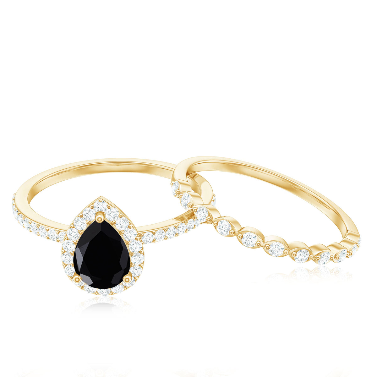Natural 0.6 Carat Pear Shape Black Spinel Diamond Wedding Engagement Ring Set of 2