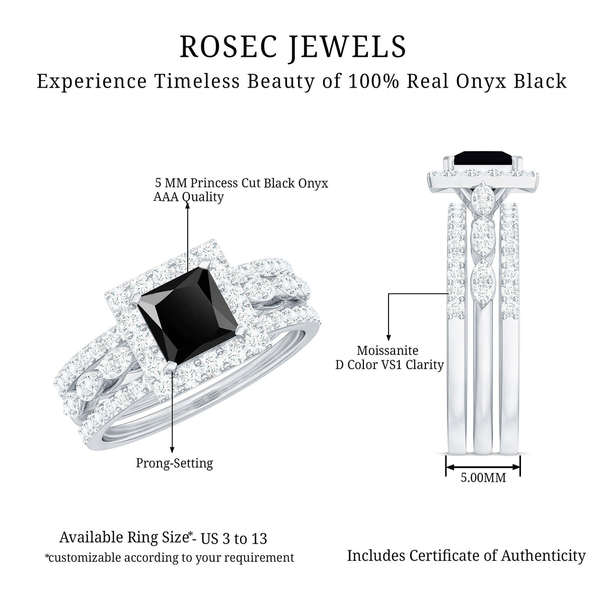 Princess Cut Black Onyx And Moissanite Bridal Trio Wedding Ring Set