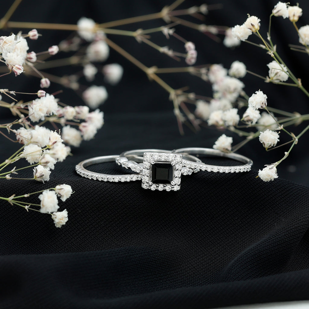Princess Cut Black Onyx And Moissanite Bridal Trio Wedding Ring Set