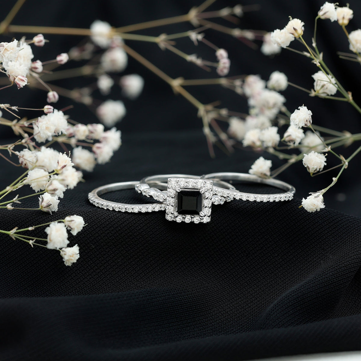 Princess Cut Black Onyx And Moissanite Bridal Trio Wedding Ring Set