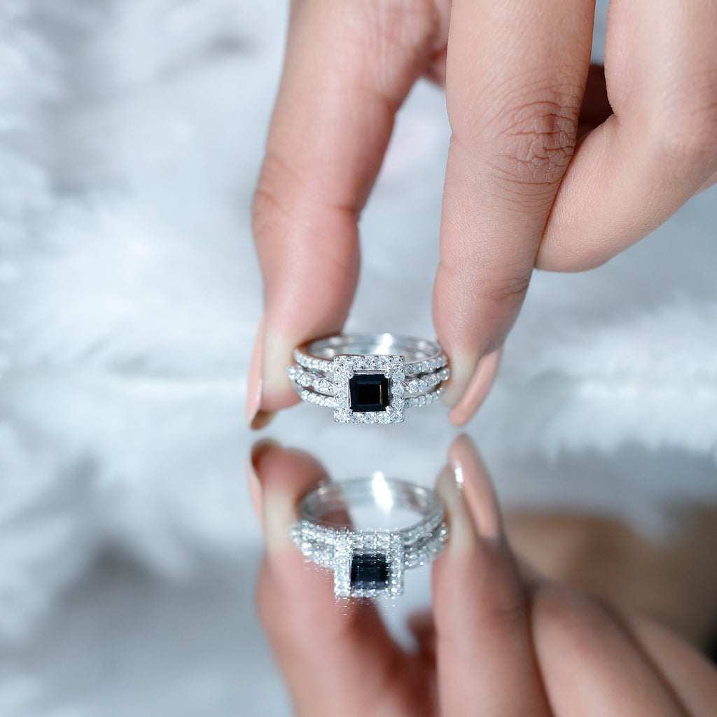 Princess Cut Black Onyx And Moissanite Bridal Trio Wedding Ring Set