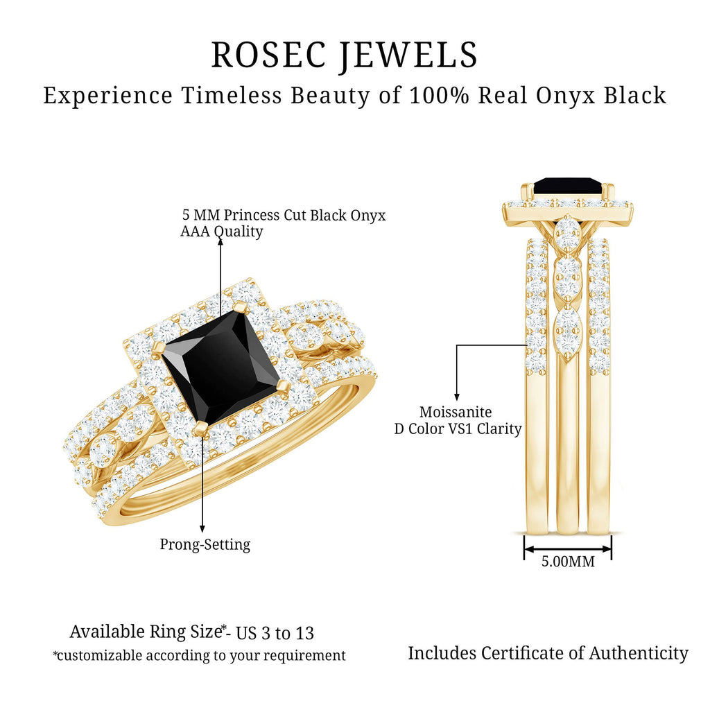 Princess Cut Black Onyx And Moissanite Bridal Trio Wedding Ring Set