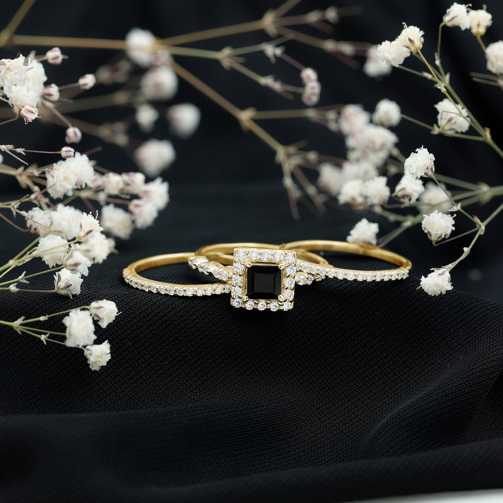Princess Cut Black Onyx And Moissanite Bridal Trio Wedding Ring Set