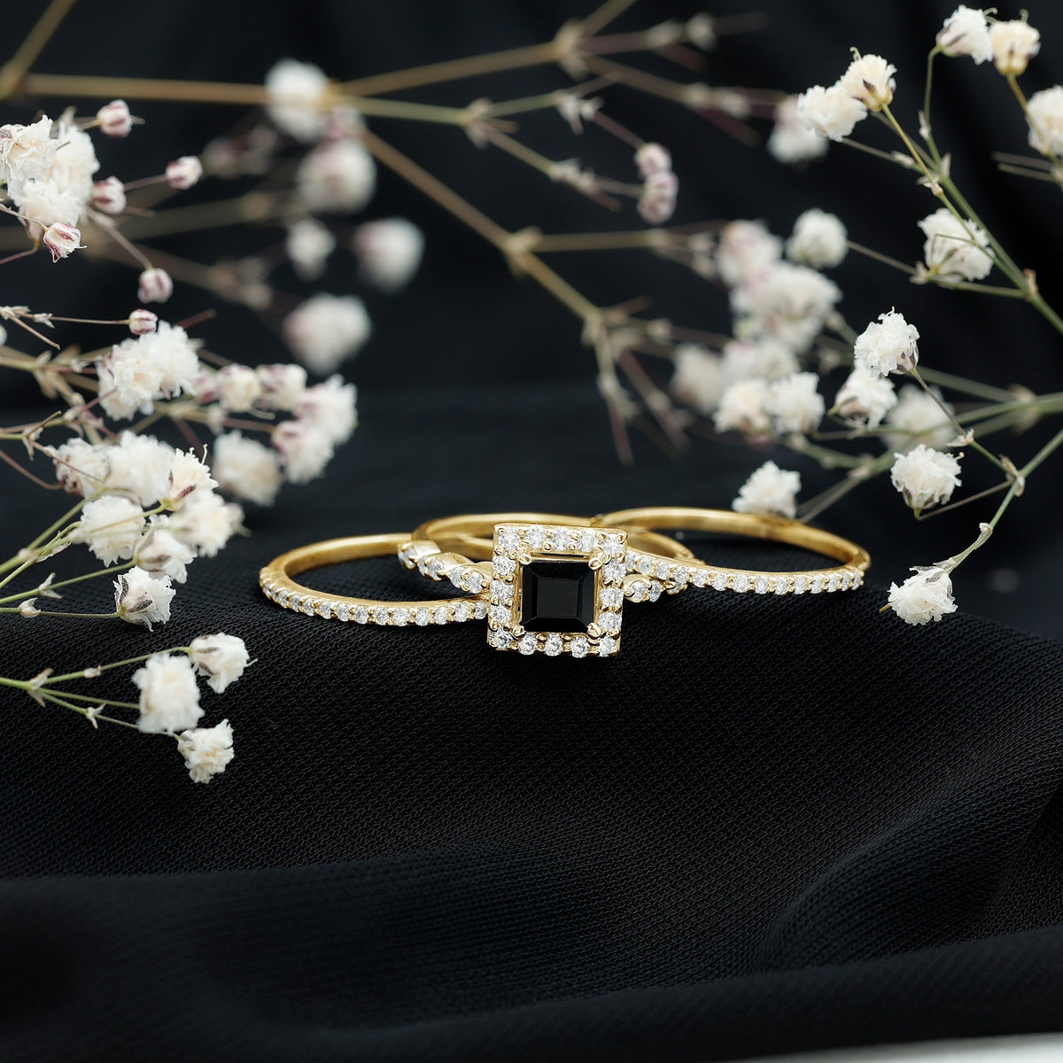 Princess Cut Black Onyx And Moissanite Bridal Trio Wedding Ring Set