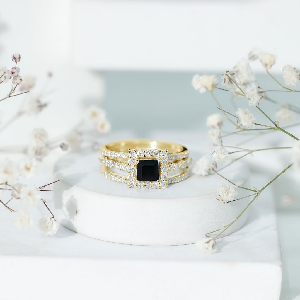 Princess Cut Black Onyx And Moissanite Bridal Trio Wedding Ring Set