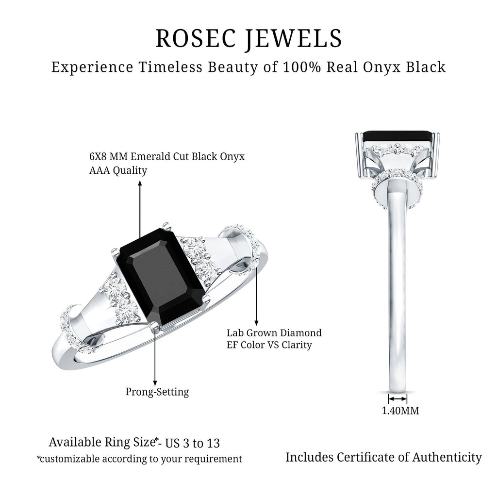 Emerald Cut Black Onyx Engagement Ring with Diamond