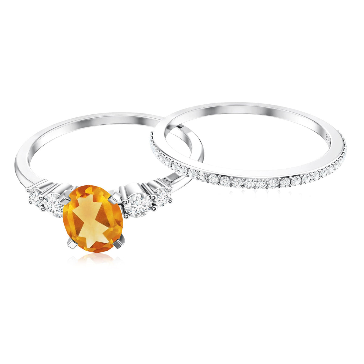 Natural 1 Carat Oval Citrine Diamond Wedding Bridal Ring Set of 2