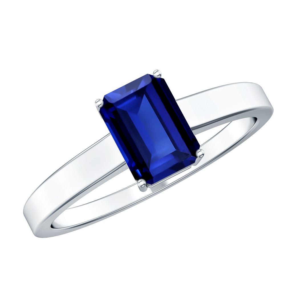6X8 mm Emerald Cut Lab Created Blue Sapphire Solitaire Engagement Ring