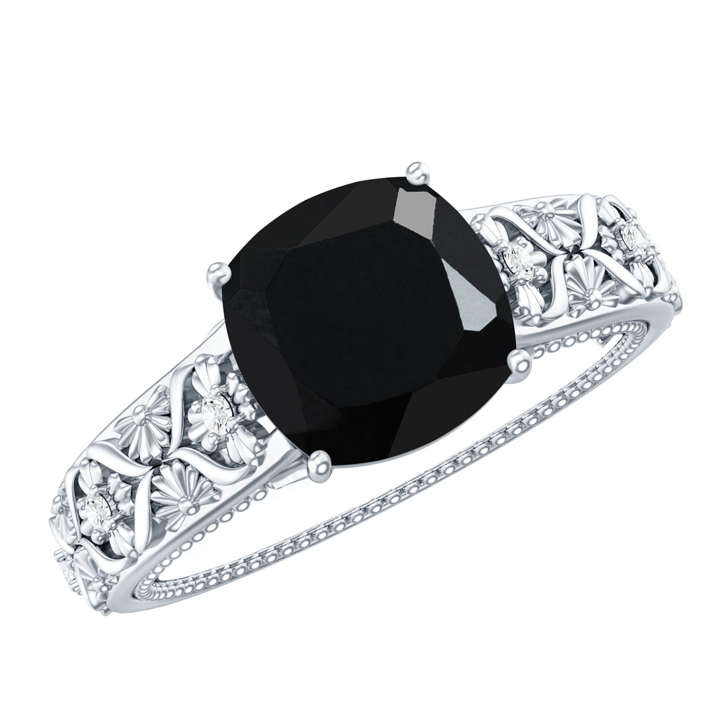 Genuine 2 Carat Black Spinel Vintage Engagement Ring with Diamond