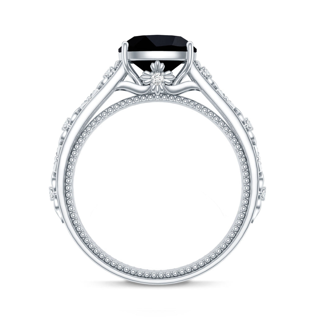 Genuine 2 Carat Black Spinel Vintage Engagement Ring with Diamond