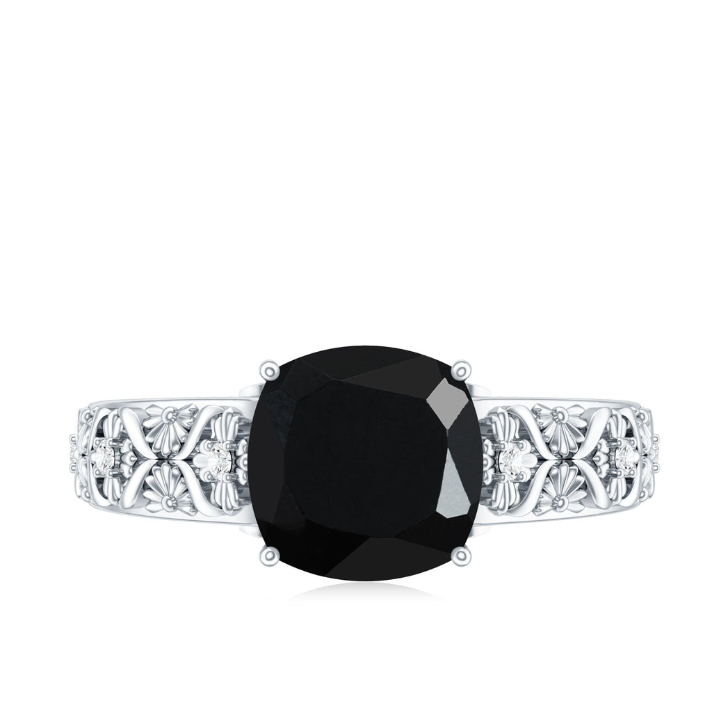 Genuine 2 Carat Black Spinel Vintage Engagement Ring with Diamond